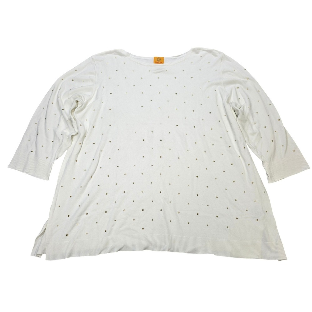 Ruby Rd Studded 3/4 Sleeve Knit Top Women's Size 2X White Scoop Neck Rayon Blend